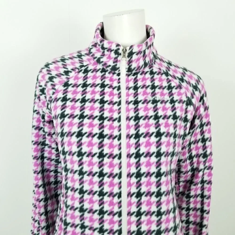 Columbia Girl's Size Large Pink & Black Houndstooth Zip Up Fleece Jacket